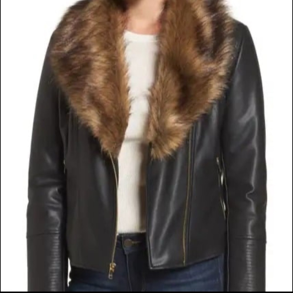 Cole Haan Black Faux Leather Moto Jacket with Removable Faux Fur Collar